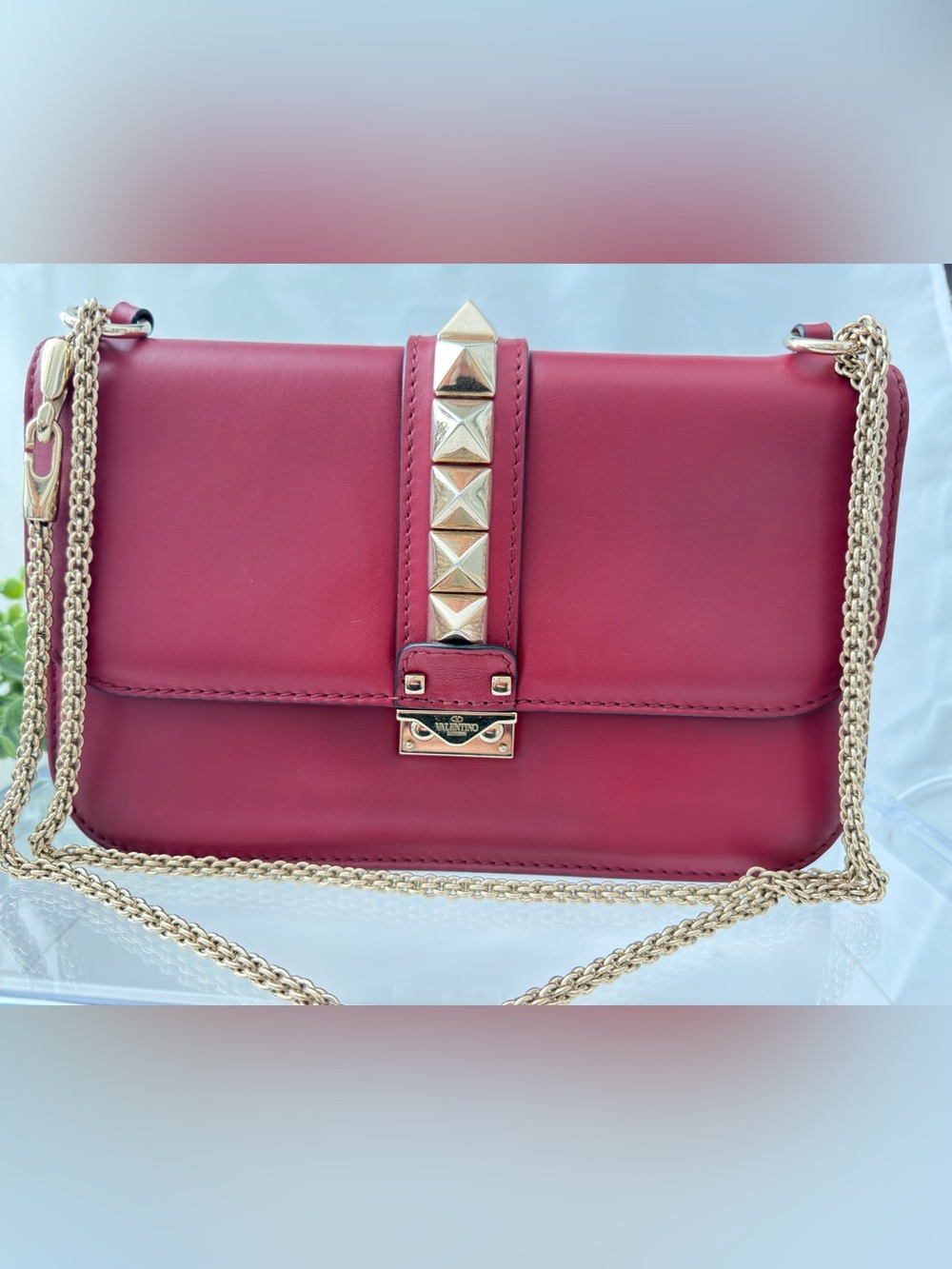 Valentino Garavani Rockstud Shoulder Bag in Berry Red with Gold Hardware